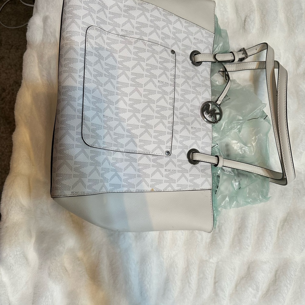 Michael Kors White and Gray Shoulder Bag with Monogram Pattern